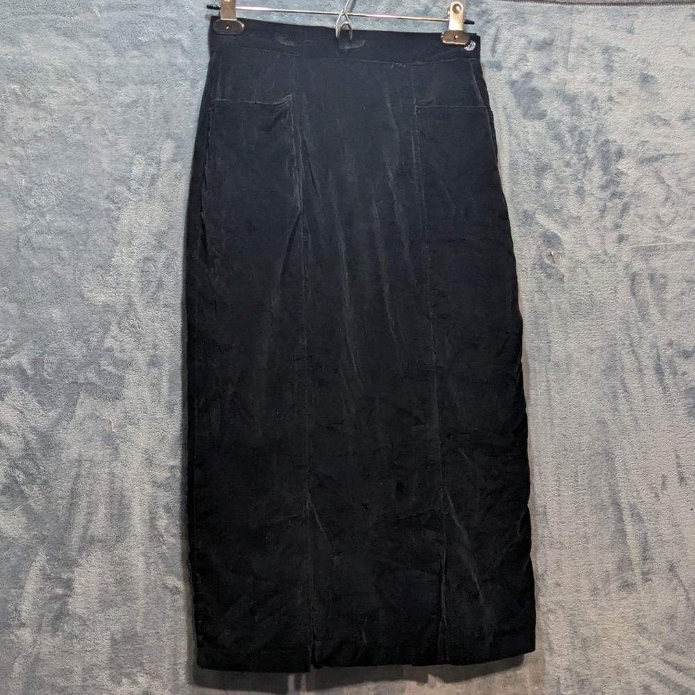 Vintage 80s Trousers Up Black Velvet Maxi Skirt Women Size 9/10 Cotton Straight